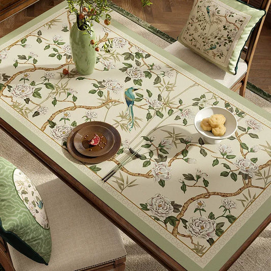 Chinoiserie Jade Green Rectangular Table Mat | Mogu Brushwork Floral & Bird PVC Leather