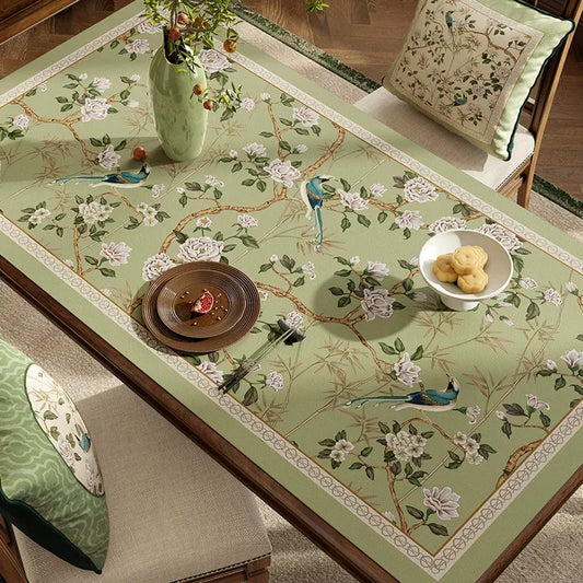 Chinoiserie Jade Green Rectangular Table Mat | Mogu Brushwork Floral & Bird PVC Leather
