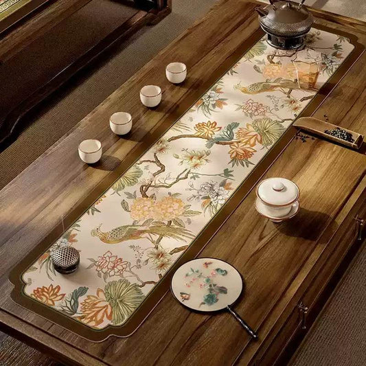 Chinoiserie Hydrangea Tea Table Runner | Absorbent Leather Tea Mat