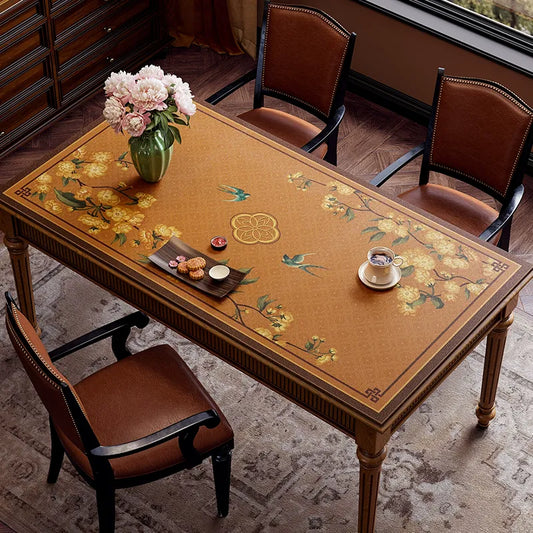 Chinoiserie Coffee Brown Floral & Swallow Luxury Leather Table Mat – Waterproof Easy-Clean Placemat