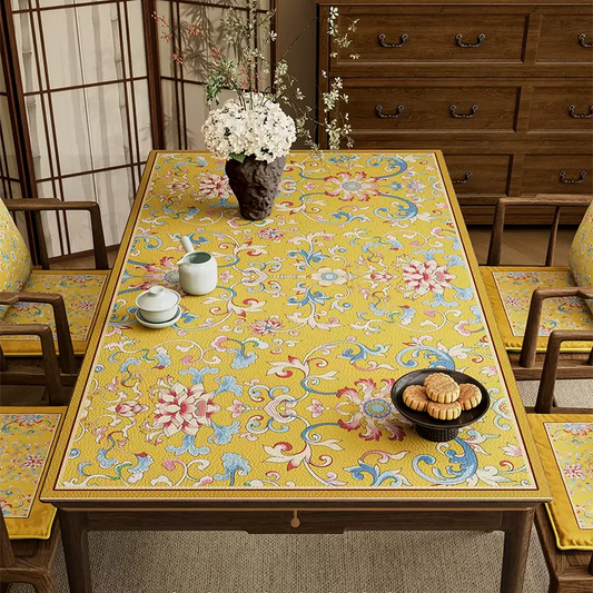 Chinoiserie Imperial Yellow Enamel Floral Luxury Leather Table Mat – Waterproof Easy-Clean Placemat