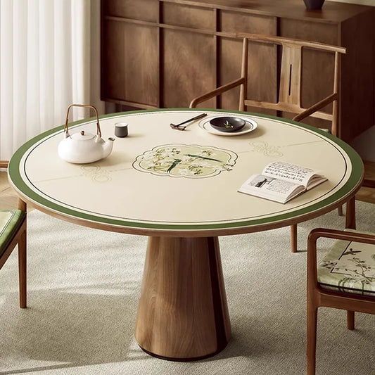 Chinoiserie Orchid & Kingfisher Round Table Mat | Mogu Brushwork Jade Green PVC Leather
