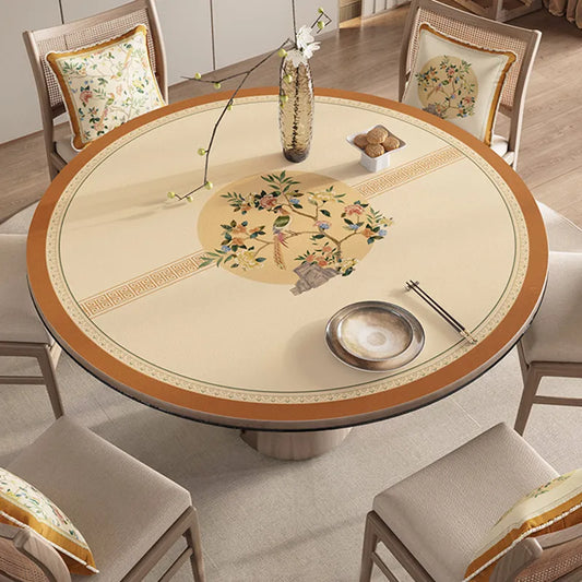 Chinoiserie Floral & Songbird Round Table Cover | Waterproof PVC Leather Table Protector