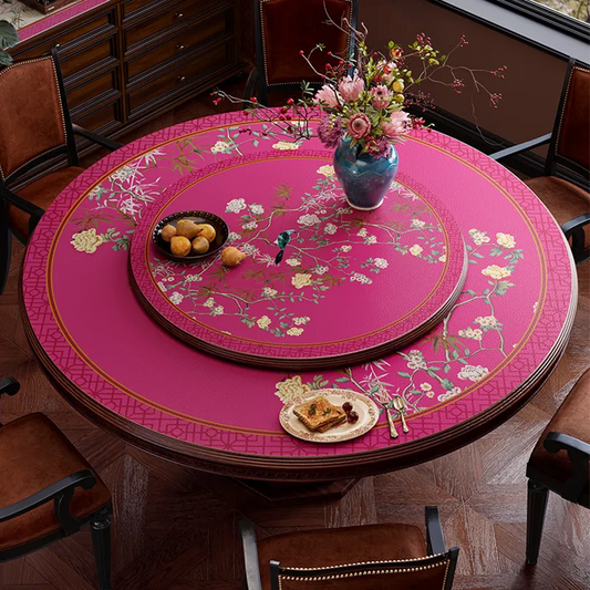 Chinoiserie Pink Floral Bird Luxury Round Table Mat – Retro Elegant Waterproof Leather Placemat