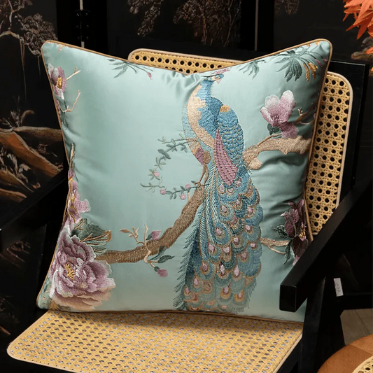 Chinoiserie Peony and Peacock Embroidered Throw Pillow for Sofa Bed Decor