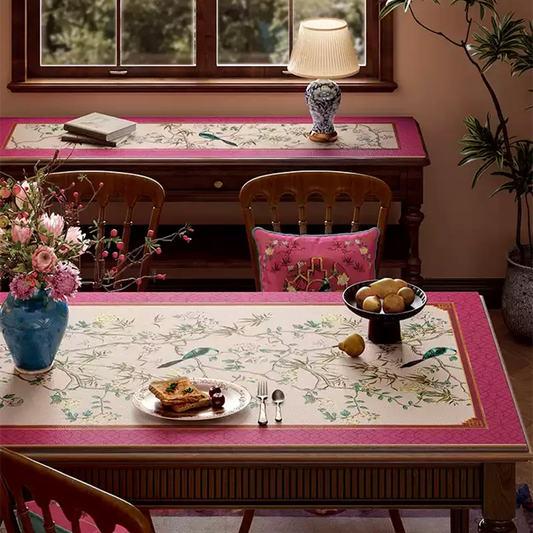 Chinoiserie Pink Floral Bird Luxury Leather Table Mat – Easy-Clean Waterproof Placemat