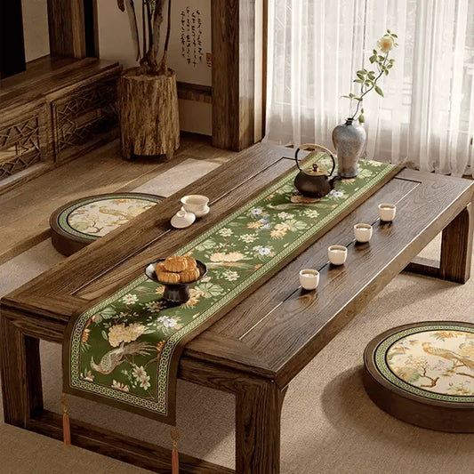 Luxury Emerald Green Chinoiserie Floral Table Runner