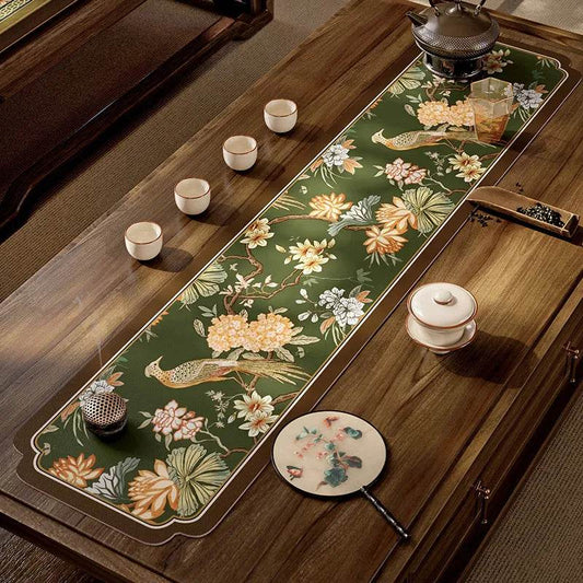 Chinoiserie Hydrangea Tea Table Runner | Absorbent Leather Tea Mat