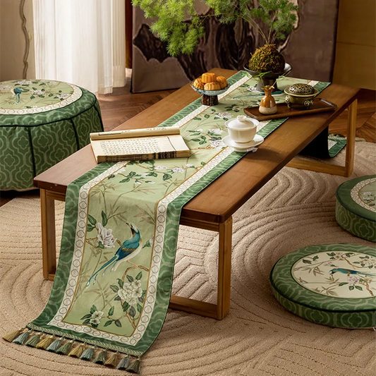 Luxury Chinoiserie Green Table Runner Vintage Floral & Bird Design