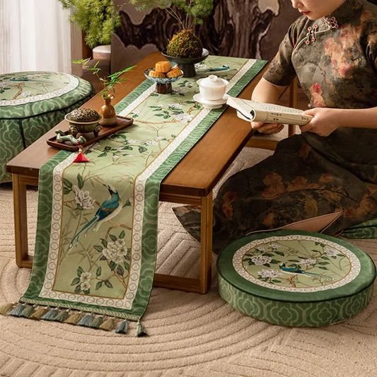 Luxury Chinoiserie Green Table Runner Vintage Floral & Bird Design