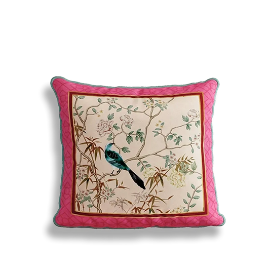 Chinoiserie Window Lattice Bird & Blossom Square Throw Pillow for Sofa & Bed Decor