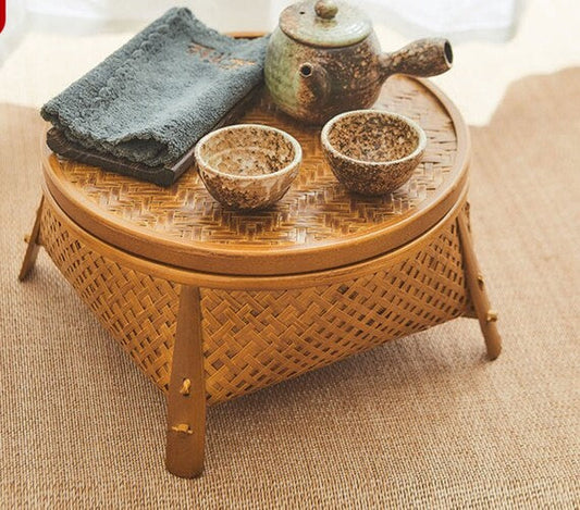 Tea Storage Table Chinese Handmade Natural Bamboo Weaving Artwork Golden Tea Table Home Deco Zen Chinese Style Desk