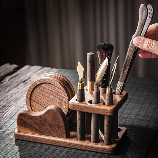 Walnut Kung Fu Tea Utensils Set With 6 Coaster | Jiangnan Sourcing