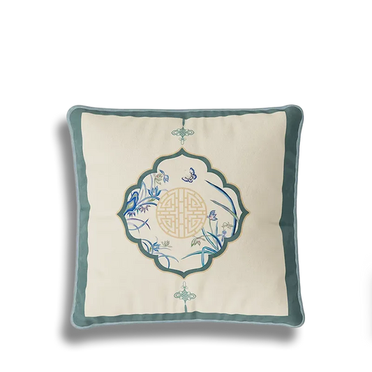 Jiangnan Chinoiserie Blue Throw Pillow, Luxury Summer Floral Accent Pillow for Sofa, Couch and Living Room Decor