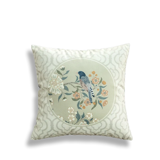 Chinoiserie Moonlit Flowers & Birds Embroidered Throw Pillow for Sofa & Bed Decor