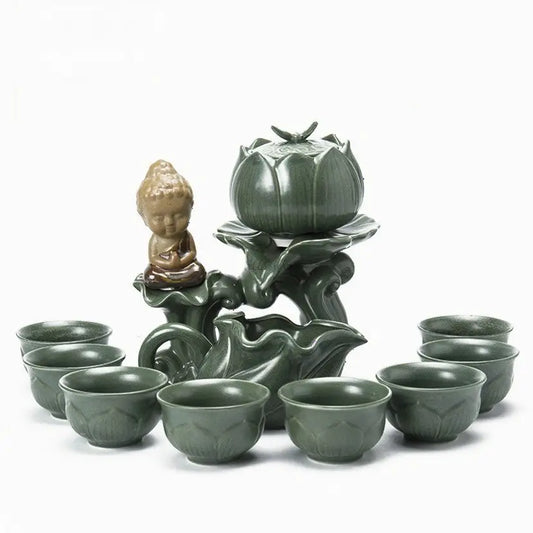 Jade Porcelain Lotus Automatic Tea Set