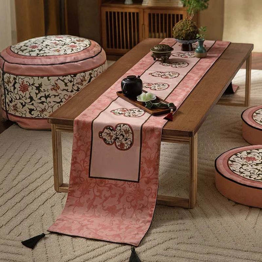 Jiangnan Pink Lotus Table Runner – Qing Dynasty Porcelain Style Plush Decor