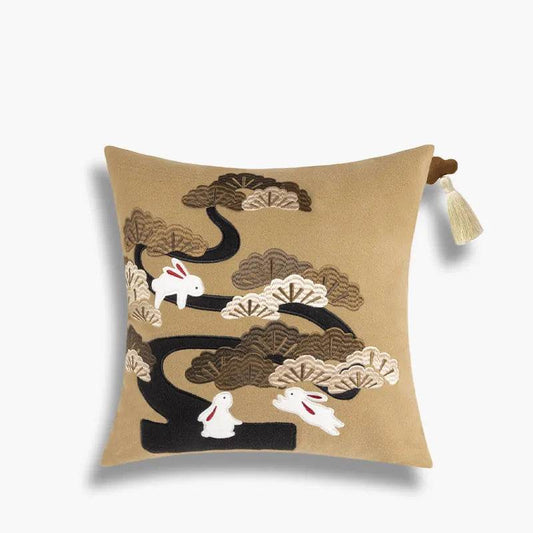 Chinoiserie Embroidery Red Silk Velvet Rabbit Throw Pillow for Sofa