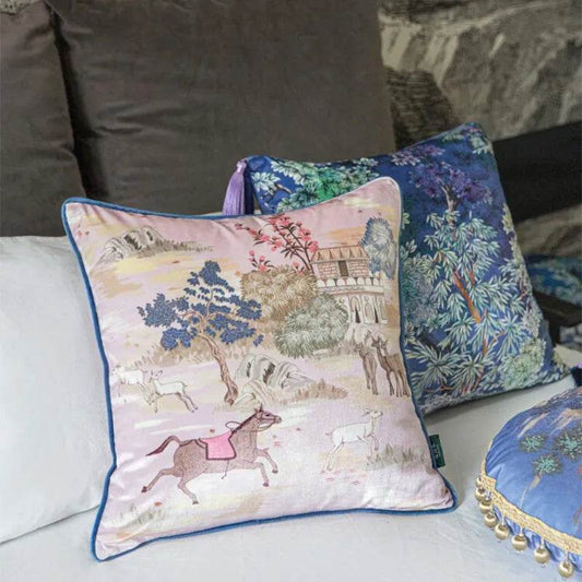 Blue Luxury Chinoiserie Square Throw Pillow with Tassels