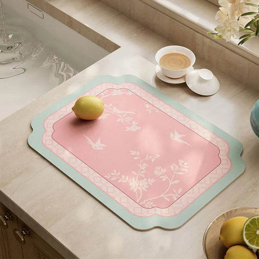Chinoiserie Blush Blossom Drying Mat | Absorbent Kitchen Counter Mat