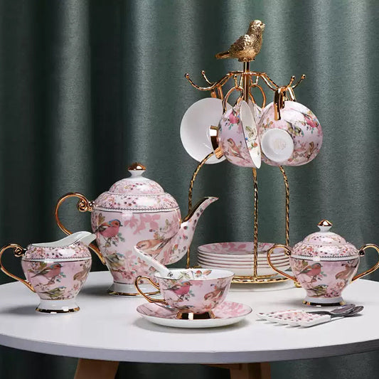 Pink Bird Ceramic Coffee Set, European Tea Set, Afternoon Tea Set