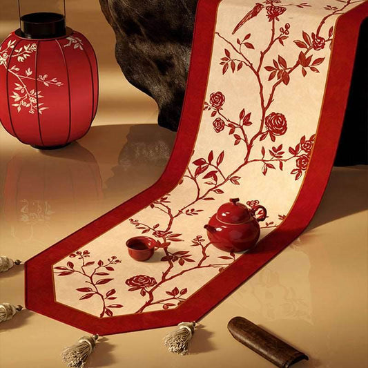 Chinoiserie Wedding Luxe Flower and Bird Red Table Runner