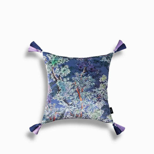 Blue Luxury Chinoiserie Square Throw Pillow with Tassels