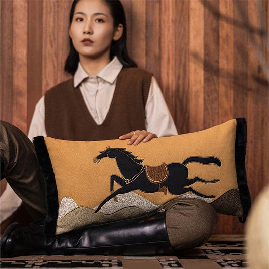 Luxury Embroidered Horse Decorative Lumbar Pillow for Living Room