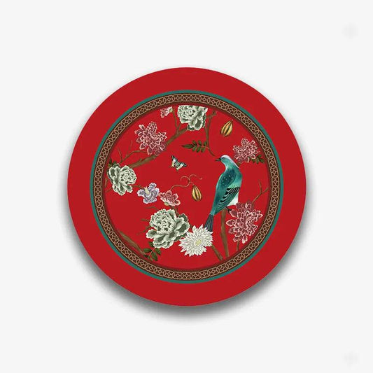 Chinoiserie Phoenix & Peony Round Coaster | Absorbent Non-Slip, Imperial Red