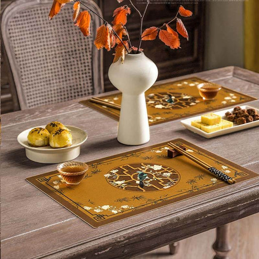 Vintage Chinoiserie Palace Style 2-Piece Thick Leather Table Mat – Waterproof Heat Resistant Placemat Set