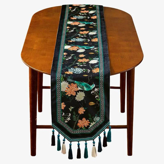Chinoiserie Luxury Long Rectangular Black Floral Table Runner
