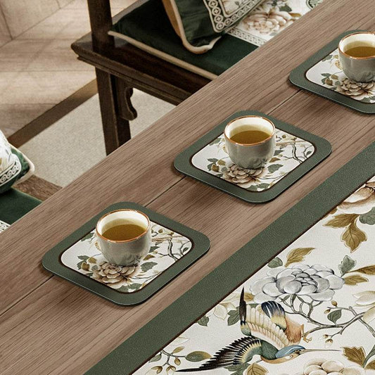 Chinoiserie Embroidered Tea Table Runner | Absorbent Leather Tea Mat