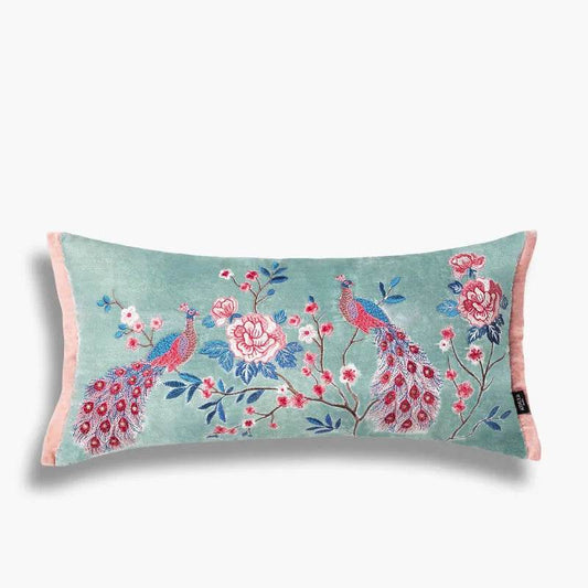 Chinoiserie Embroidery Crane and Peony Bolster Lumbar Pillow