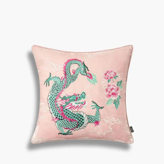 Chinoiserie Embroidery Loong and Peony Pink Throw Pillow