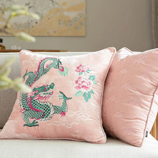 Chinoiserie Embroidery Loong and Peony Pink Throw Pillow