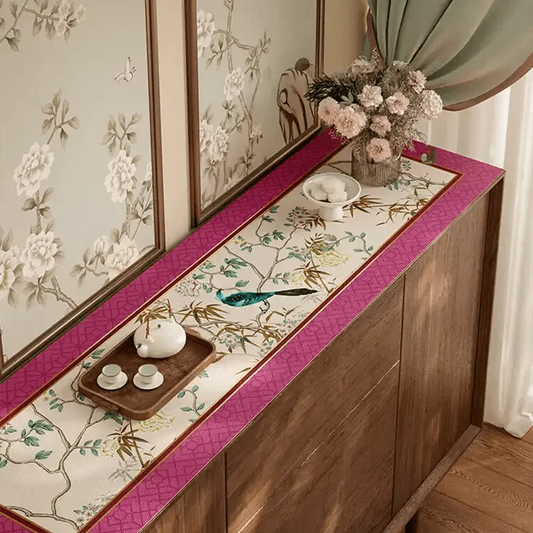 Chinoiserie Floral Bird TV Console Mat | Pink Table Protector