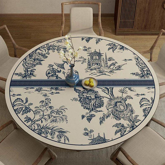 Chinoiserie Blue & White Porcelain Round Table Mat | Delft-Style PU Leather Placemat