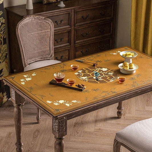 Chinoiserie Waterproof Leather Dining Table Mat | Floral Bamboo Oil-Proof Placemat