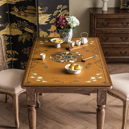 Chinoiserie Waterproof Leather Dining Table Mat | Floral Bamboo Oil-Proof Placemat