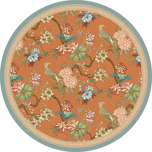 Chinoiserie Hydrangea & Bird Round Table Mat | Vintage Orange PU Leather Placemat