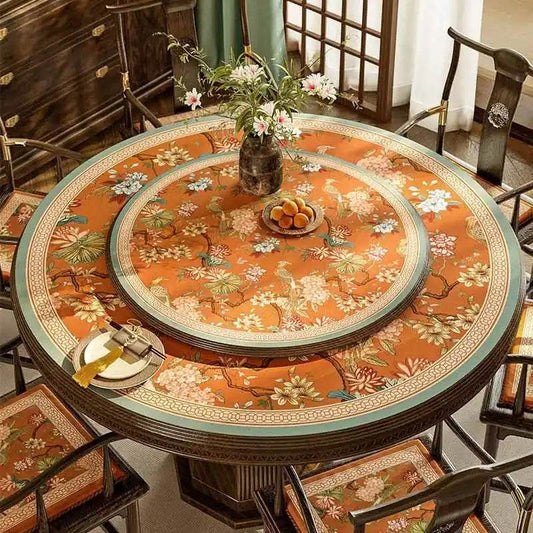 Chinoiserie Hydrangea & Bird Round Table Mat | Vintage Orange PU Leather Placemat