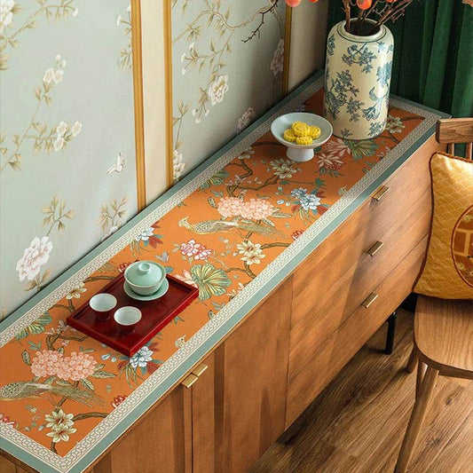 Chinoiserie Mountain Hydrangea TV Console Table Mat | Waterproof PU Leather Runner