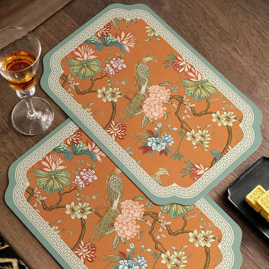Chinoiserie Mountain Hydrangea Placemats | Retro Orange PU Leather, Set of 2
