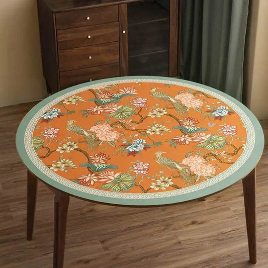 Chinoiserie Mountain Hydrangea Round Table Mat | Vintage Orange PU Leather Placemat