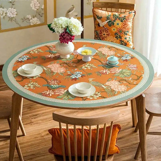 Chinoiserie Mountain Hydrangea Round Table Mat | Vintage Orange PU Leather Placemat