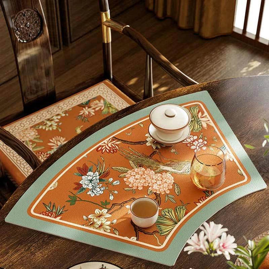 Chinoiserie Mountain Hydrangea Fan-Shaped Placemats | Retro Orange PU Leather, Set of 2