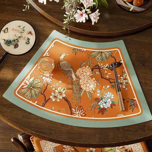 Chinoiserie Mountain Hydrangea Fan-Shaped Placemats | Retro Orange PU Leather, Set of 2