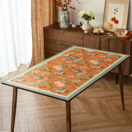 Chinoiserie Mountain Hydrangea Table Runner | Waterproof PU Leather Mat, Retro Orange