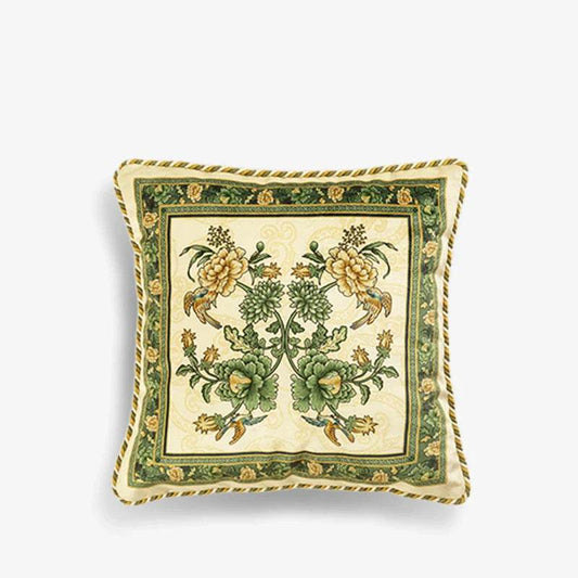 Chinoiserie Original Flowers and Birds Green Throw Pillow