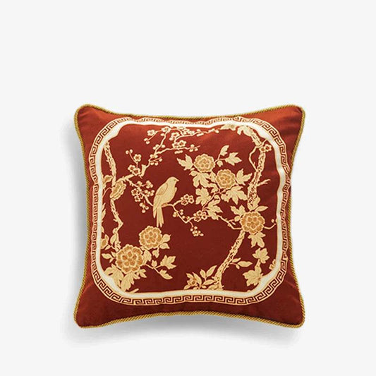 Chinoiserie Original Flowers and Birds Red Throw Pillow